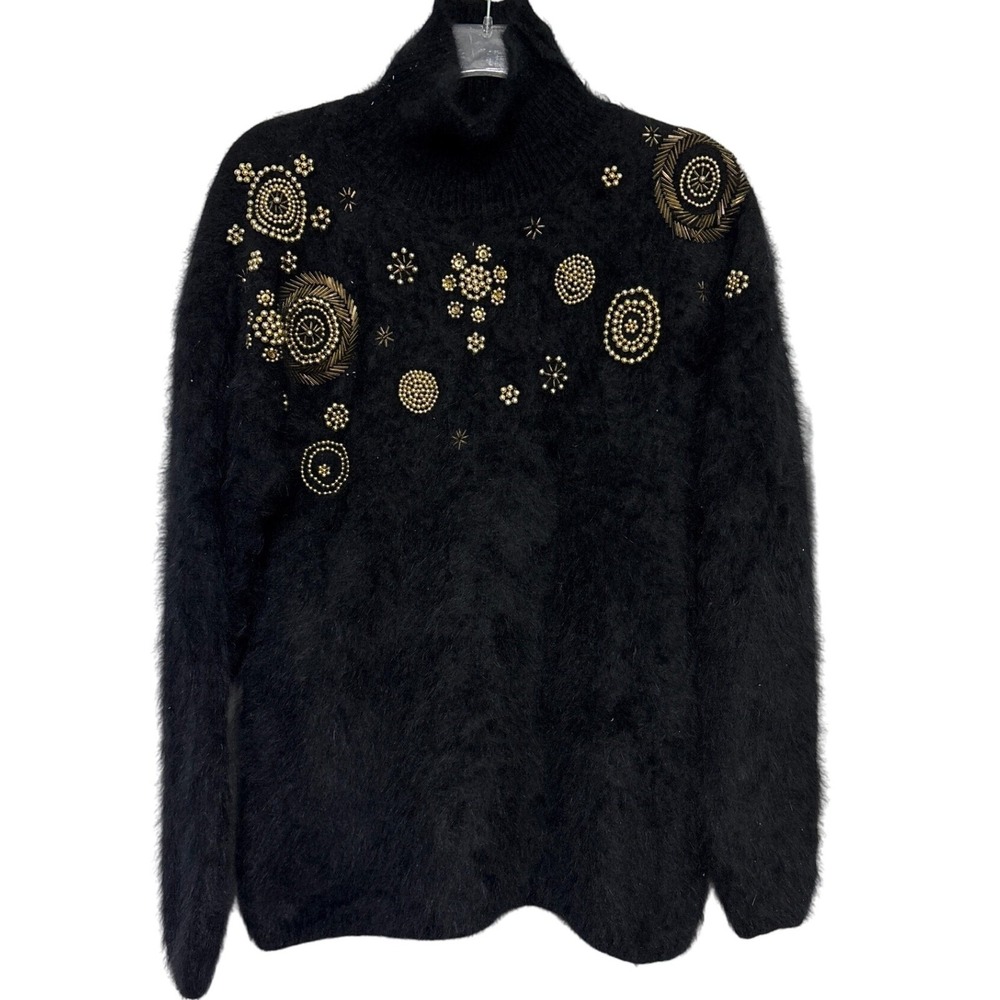 Vango Black Angora Vintage Blend Beaded Embellished Turtleneck Sweater L‎